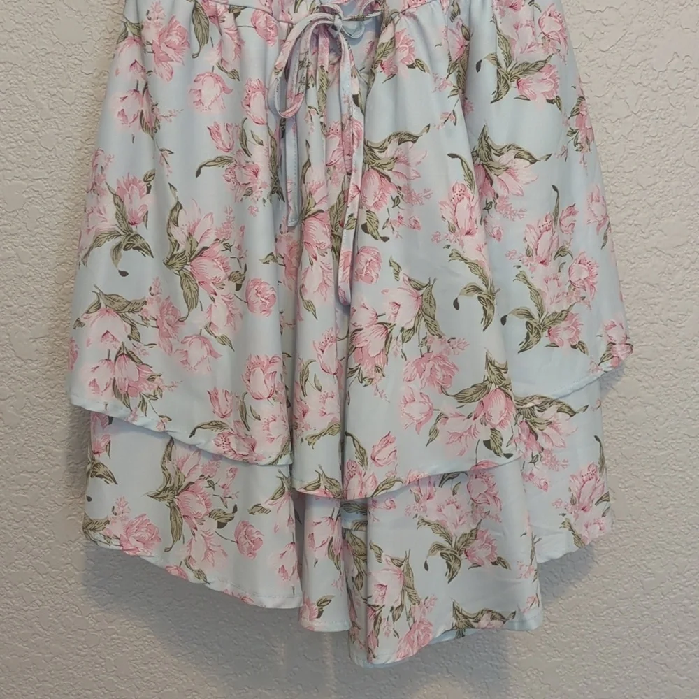 Shein MOD light blue pink ditsy floral lace up strapless mini dress - Picture 6 of 12